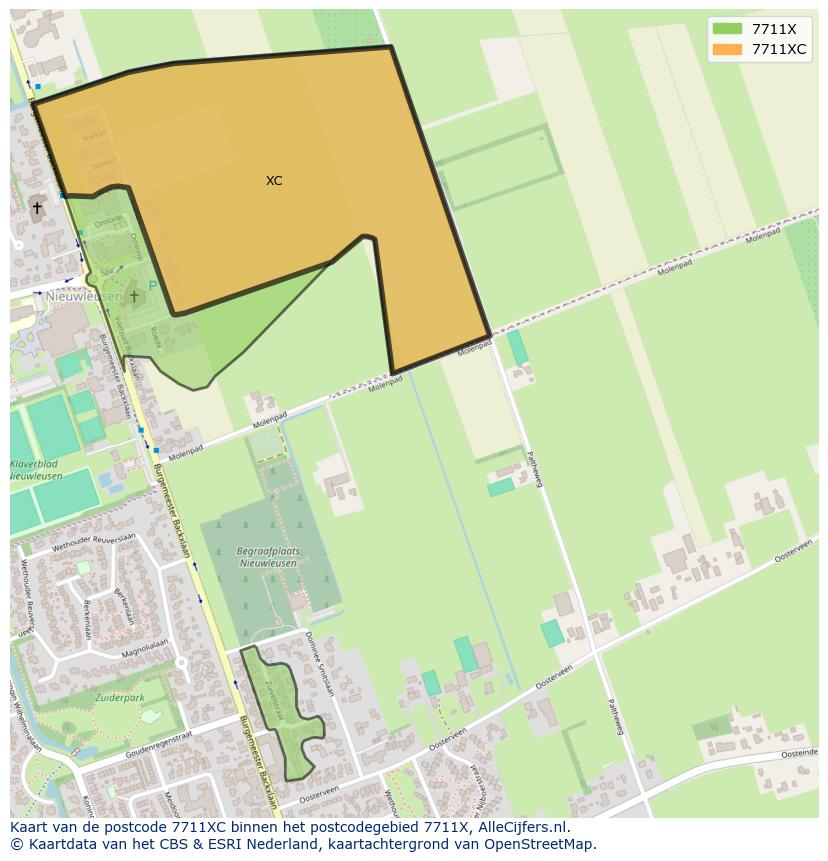 Afbeelding van het postcodegebied 7711 XC op de kaart.