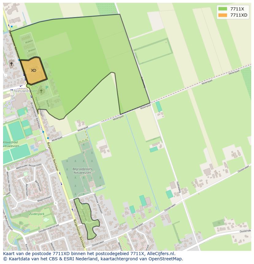 Afbeelding van het postcodegebied 7711 XD op de kaart.