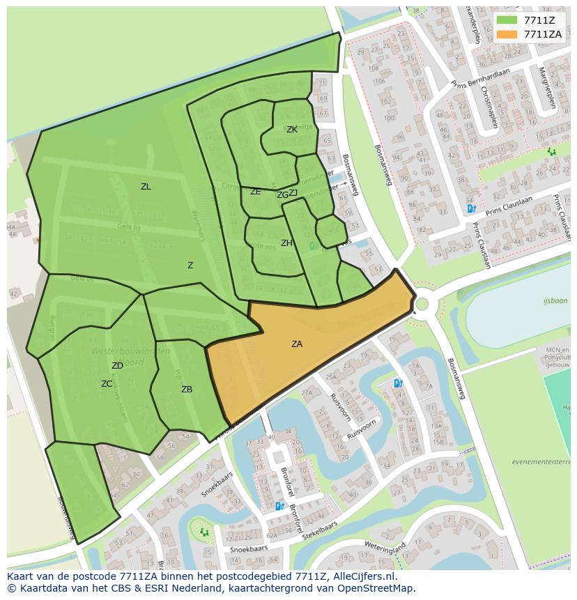 Afbeelding van het postcodegebied 7711 ZA op de kaart.