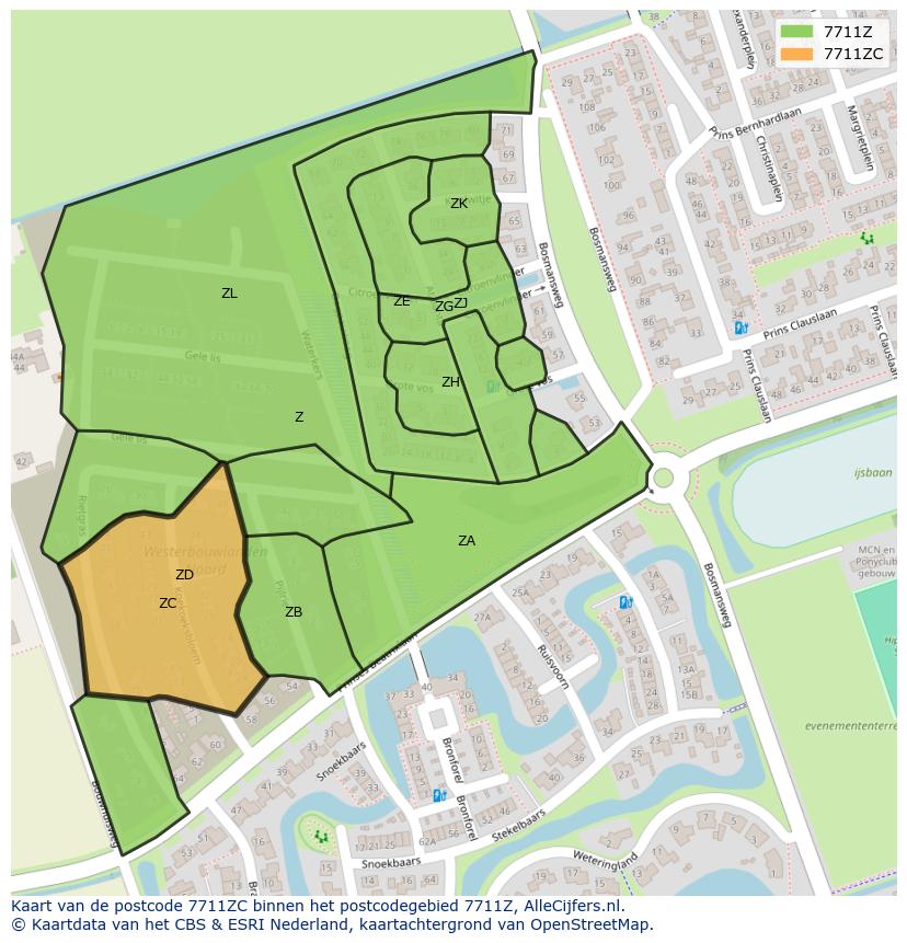 Afbeelding van het postcodegebied 7711 ZC op de kaart.