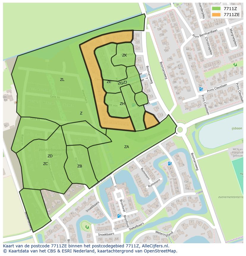 Afbeelding van het postcodegebied 7711 ZE op de kaart.