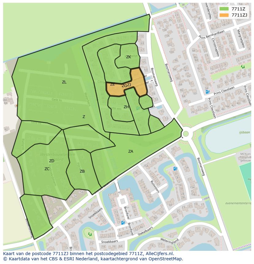 Afbeelding van het postcodegebied 7711 ZJ op de kaart.