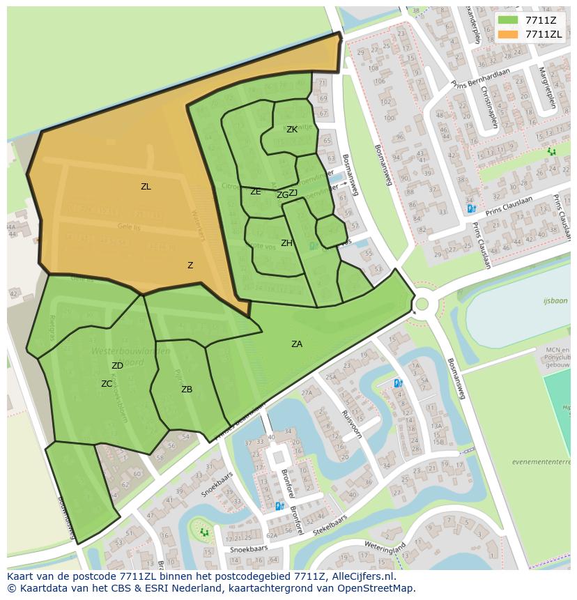 Afbeelding van het postcodegebied 7711 ZL op de kaart.