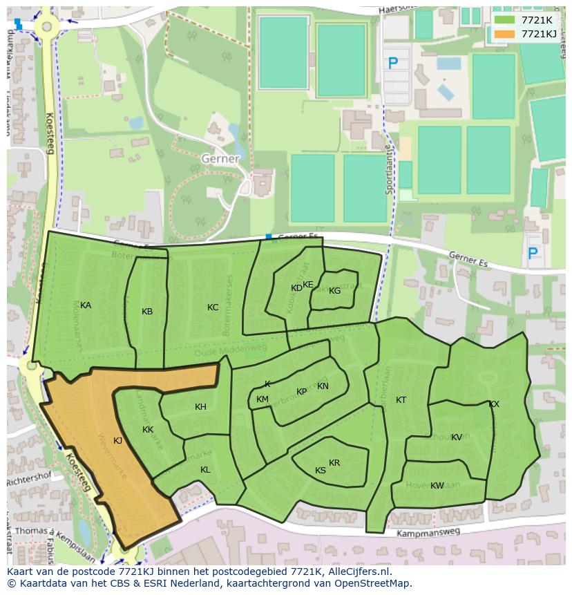 Afbeelding van het postcodegebied 7721 KJ op de kaart.