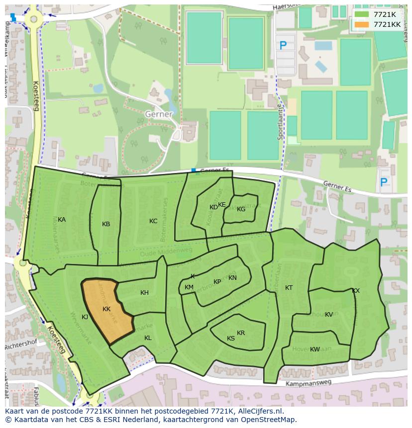 Afbeelding van het postcodegebied 7721 KK op de kaart.