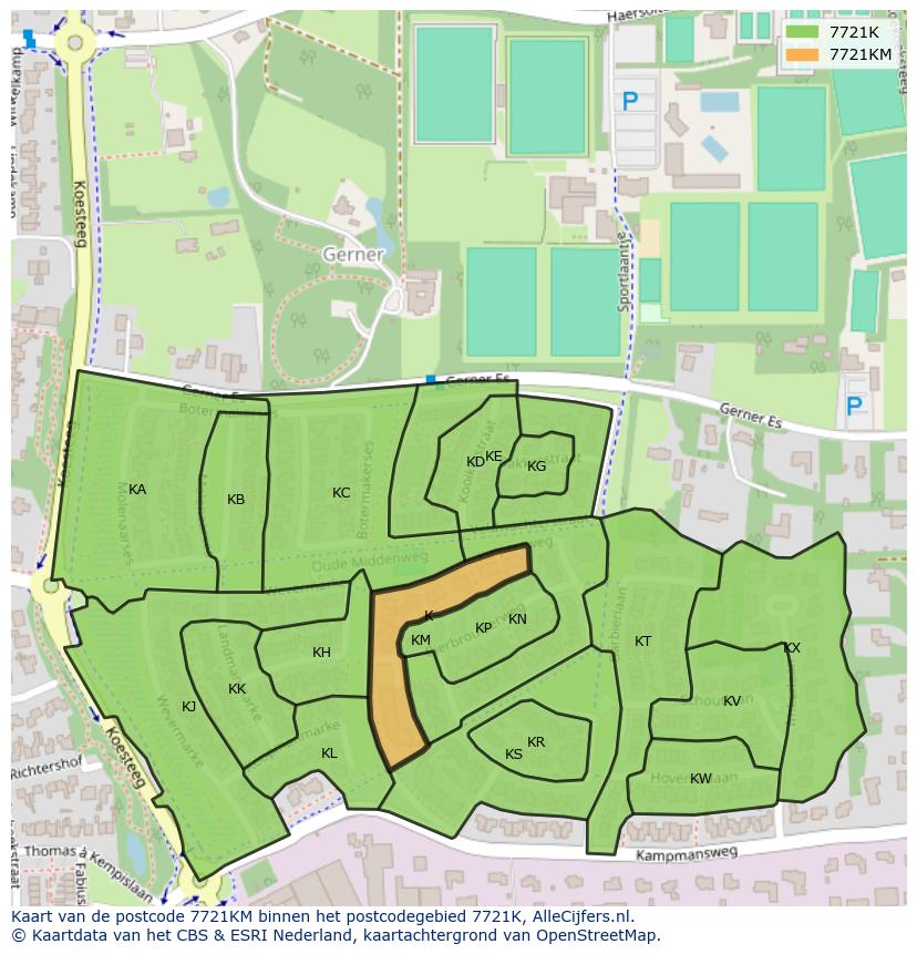 Afbeelding van het postcodegebied 7721 KM op de kaart.