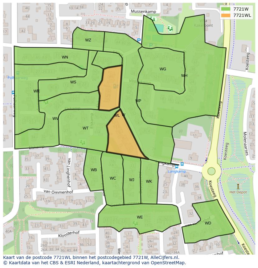 Afbeelding van het postcodegebied 7721 WL op de kaart.