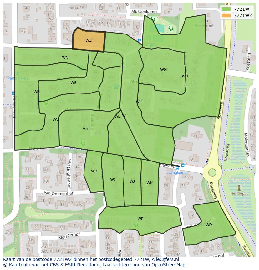 Afbeelding van het postcodegebied 7721 WZ op de kaart.