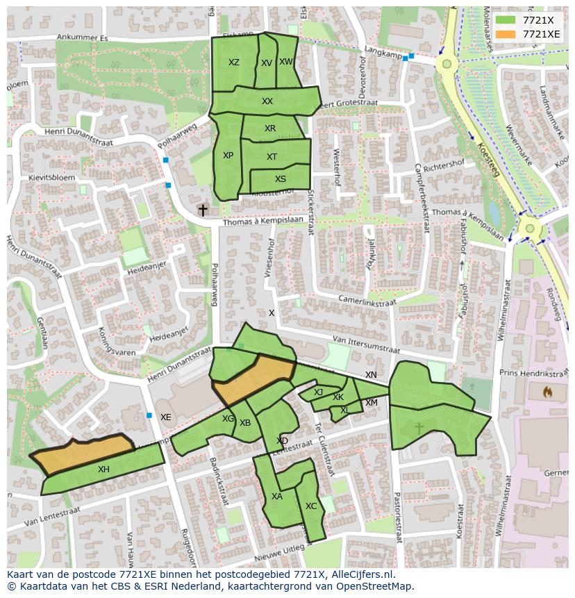 Afbeelding van het postcodegebied 7721 XE op de kaart.