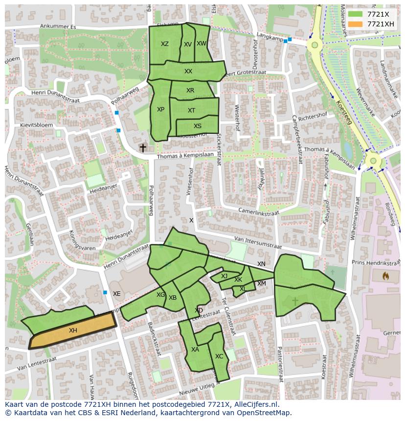 Afbeelding van het postcodegebied 7721 XH op de kaart.