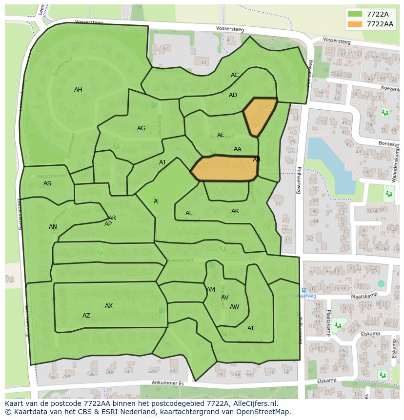 Afbeelding van het postcodegebied 7722 AA op de kaart.