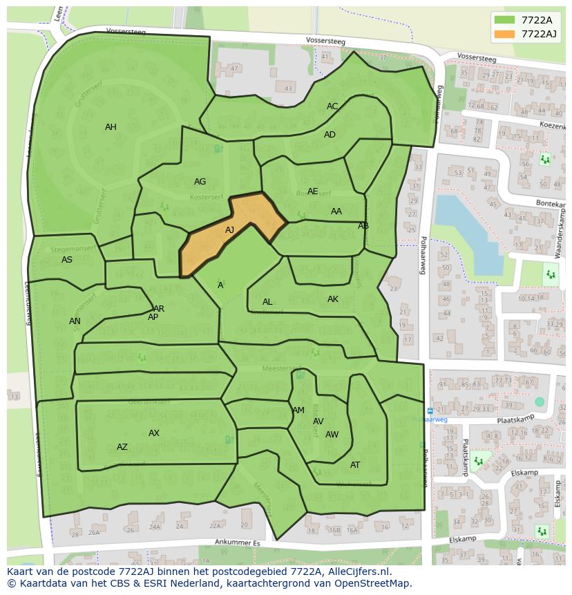 Afbeelding van het postcodegebied 7722 AJ op de kaart.