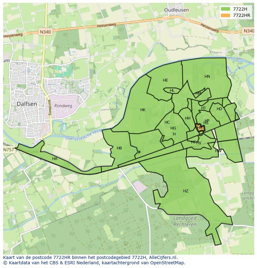 Afbeelding van het postcodegebied 7722 HR op de kaart.