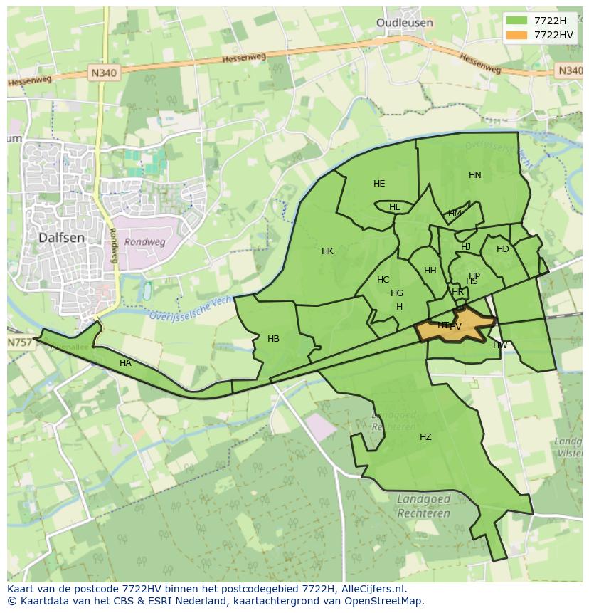 Afbeelding van het postcodegebied 7722 HV op de kaart.