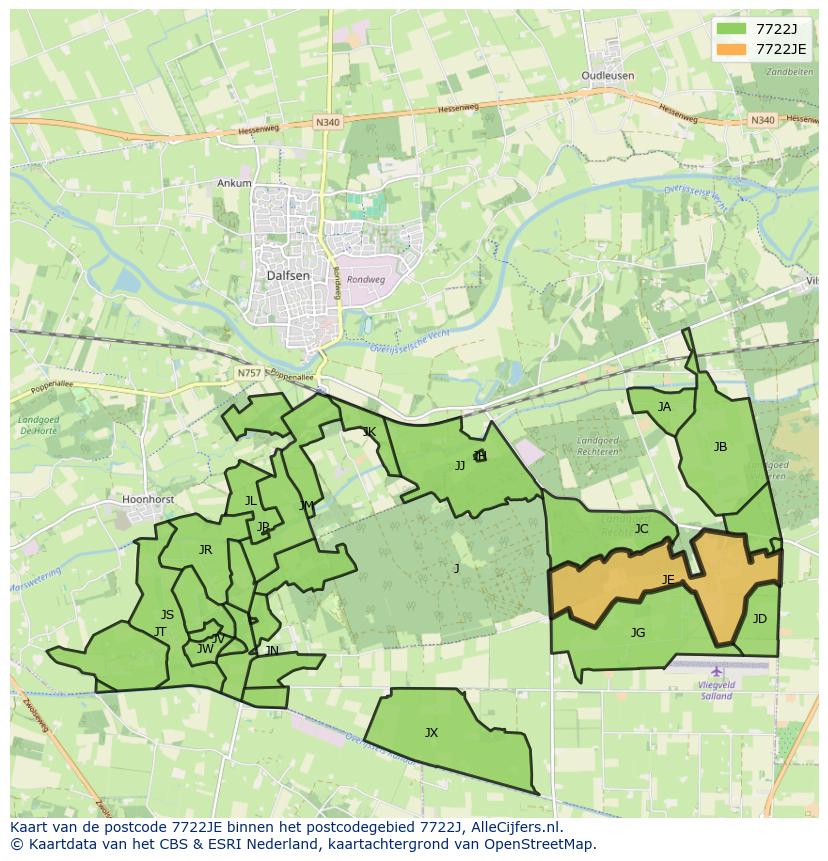 Afbeelding van het postcodegebied 7722 JE op de kaart.