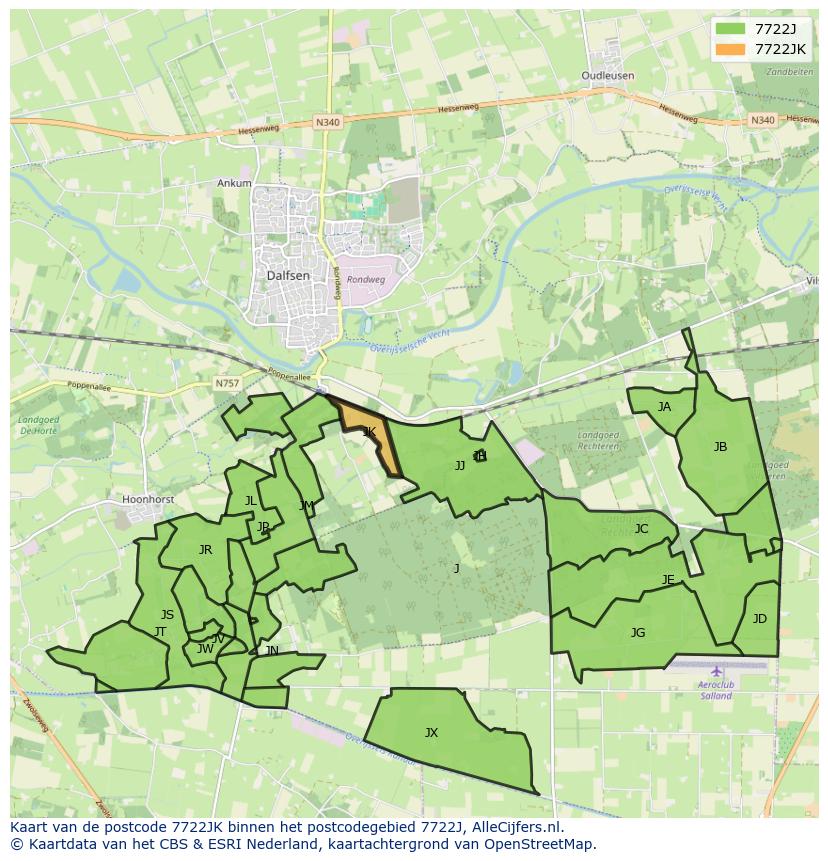 Afbeelding van het postcodegebied 7722 JK op de kaart.