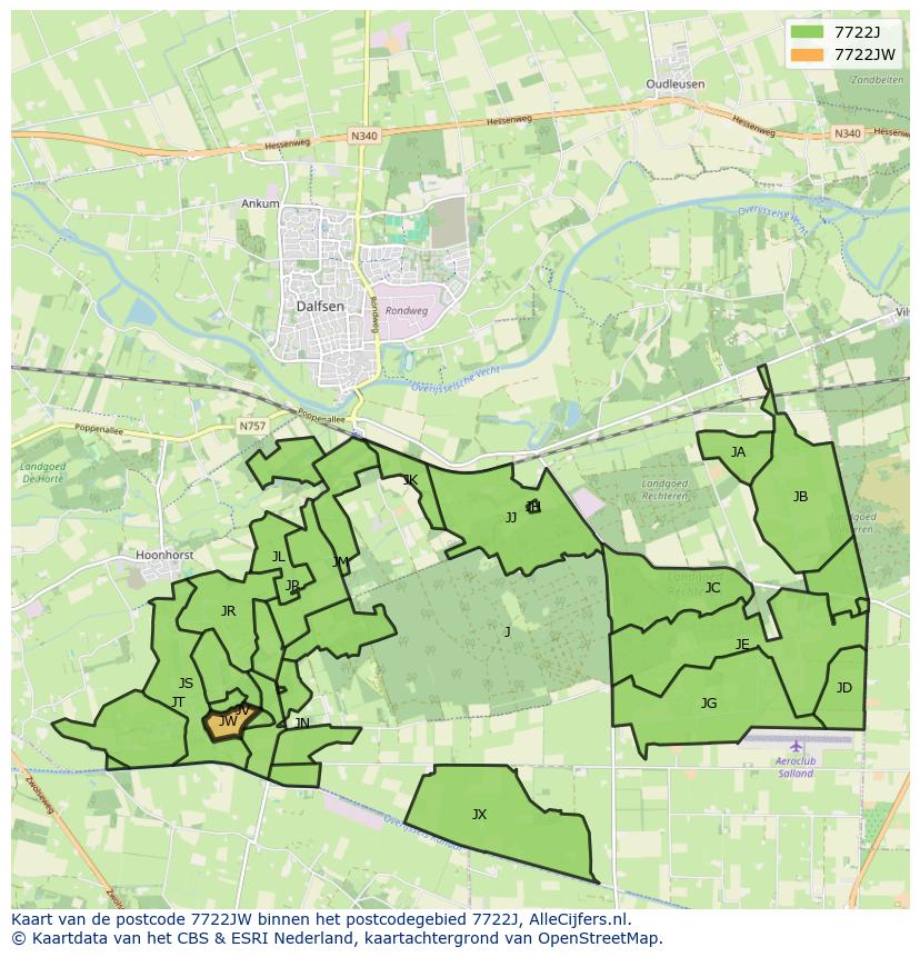 Afbeelding van het postcodegebied 7722 JW op de kaart.
