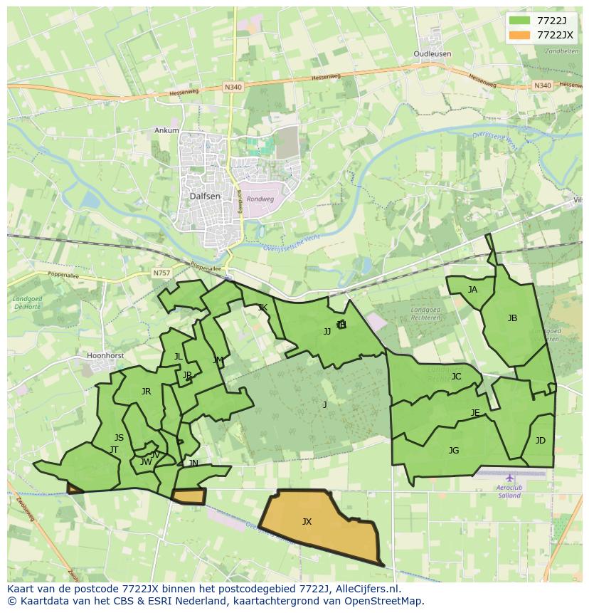 Afbeelding van het postcodegebied 7722 JX op de kaart.