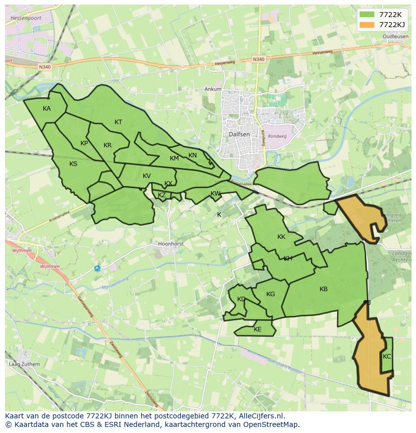 Afbeelding van het postcodegebied 7722 KJ op de kaart.