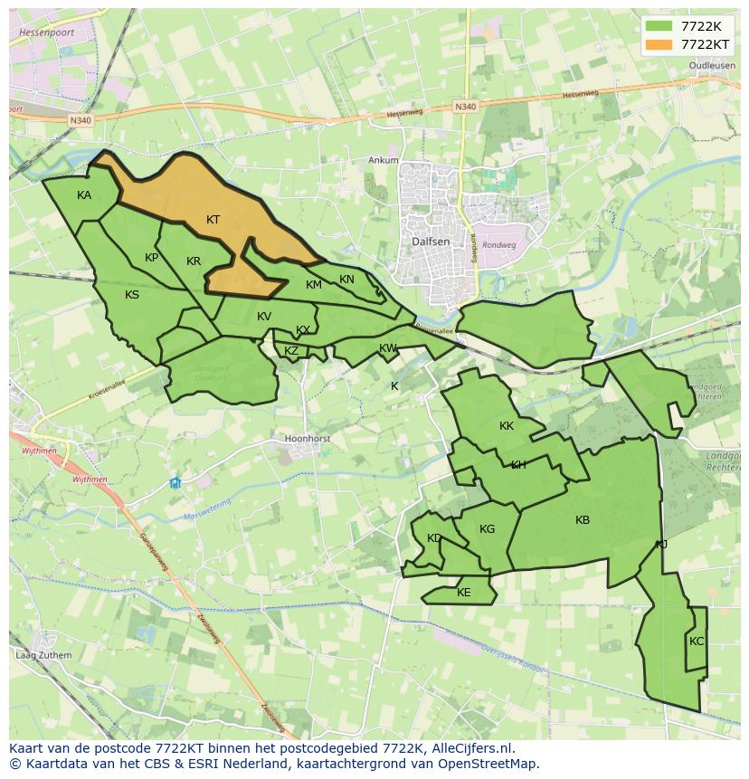 Afbeelding van het postcodegebied 7722 KT op de kaart.