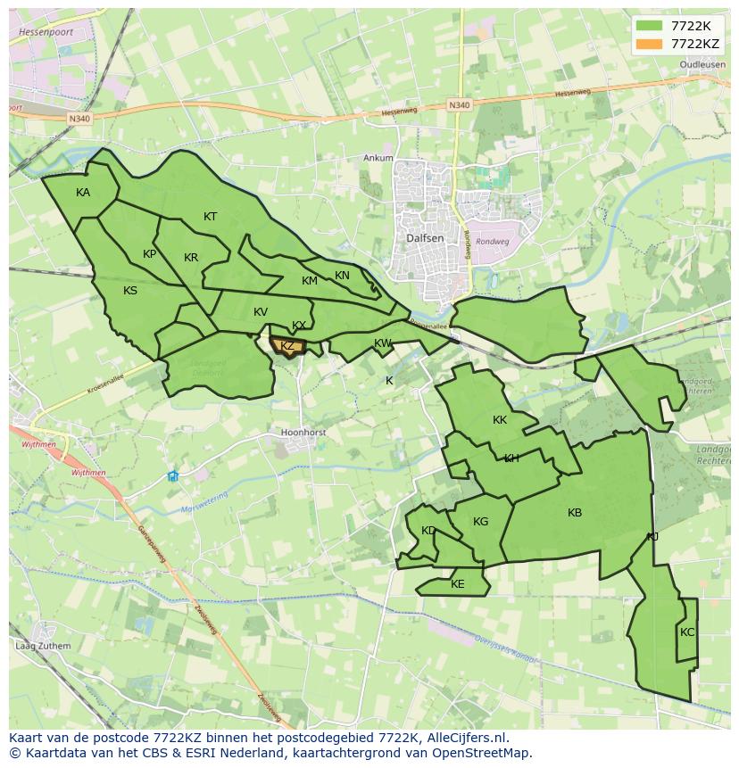Afbeelding van het postcodegebied 7722 KZ op de kaart.