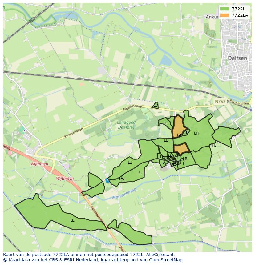 Afbeelding van het postcodegebied 7722 LA op de kaart.