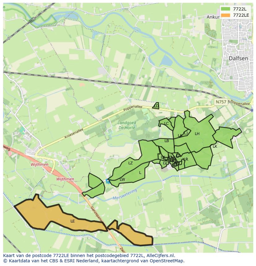 Afbeelding van het postcodegebied 7722 LE op de kaart.