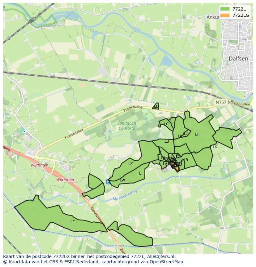 Afbeelding van het postcodegebied 7722 LG op de kaart.