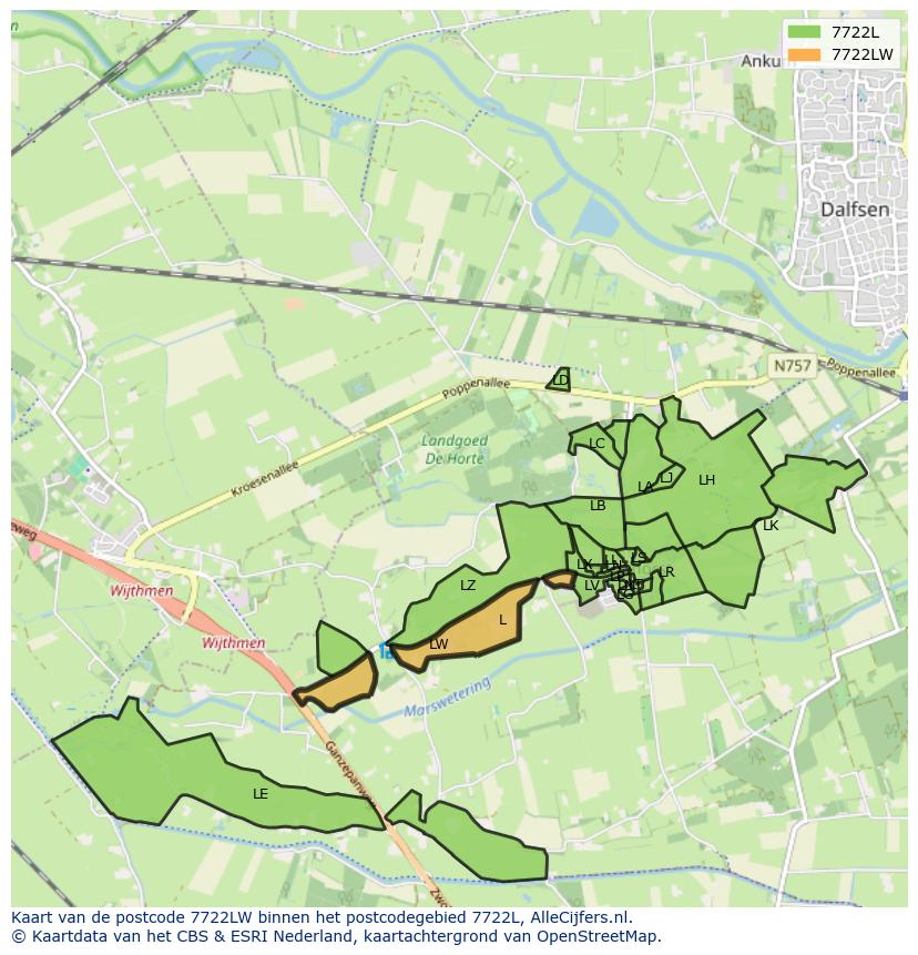 Afbeelding van het postcodegebied 7722 LW op de kaart.