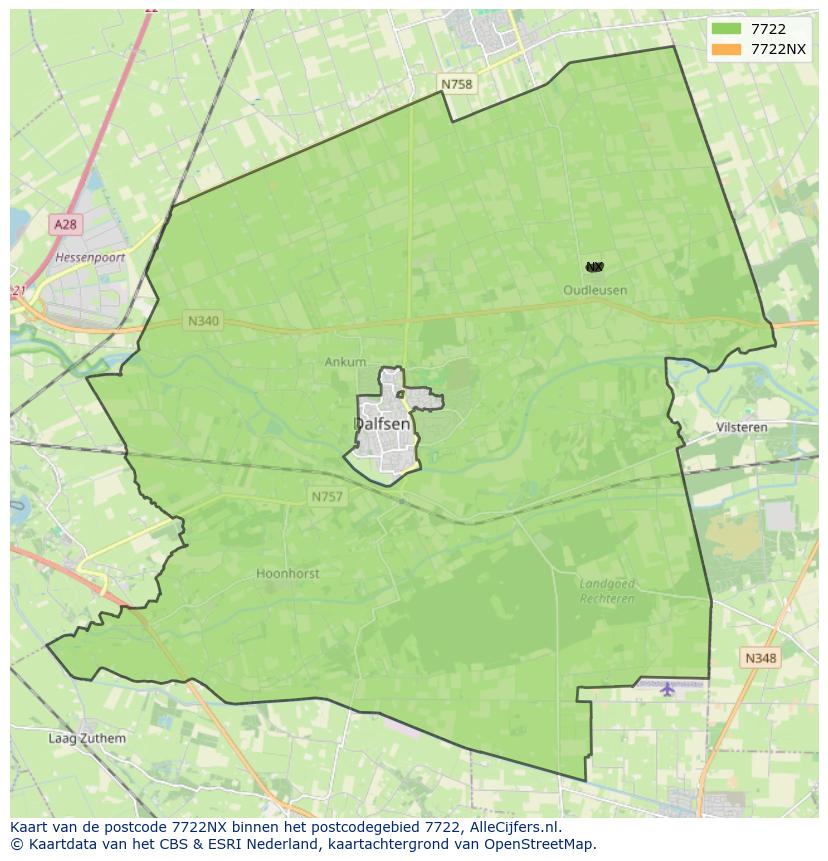 Afbeelding van het postcodegebied 7722 NX op de kaart.