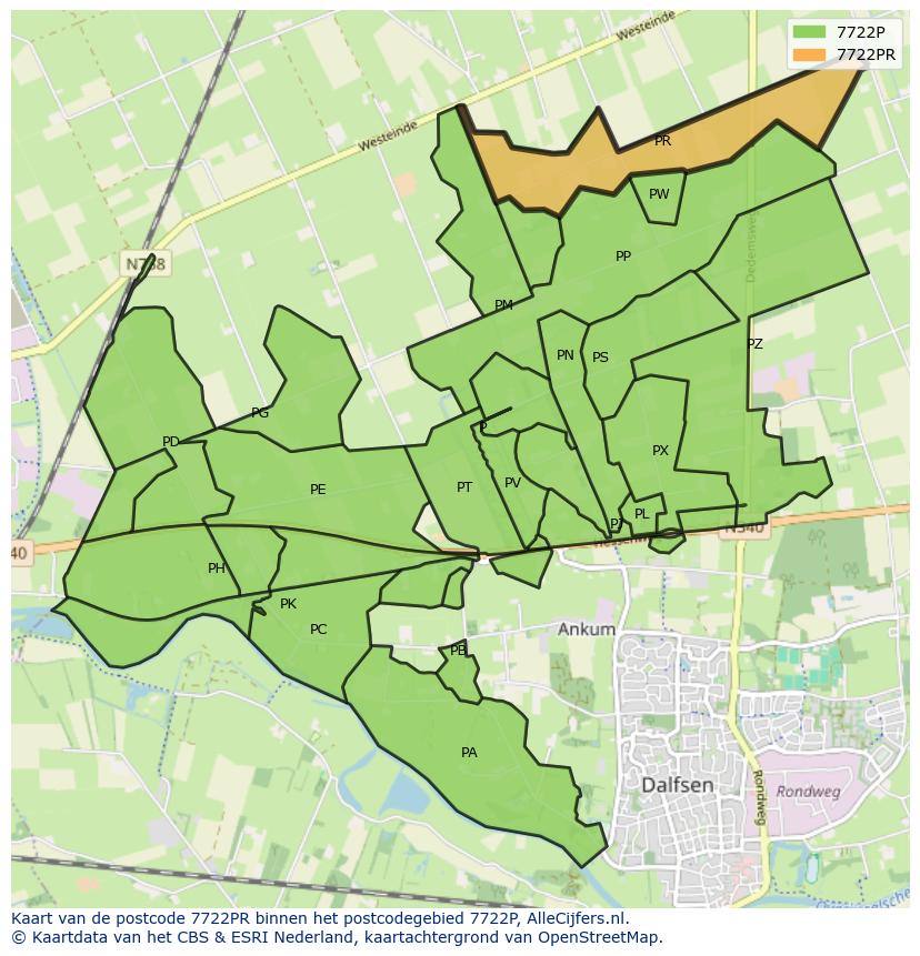 Afbeelding van het postcodegebied 7722 PR op de kaart.