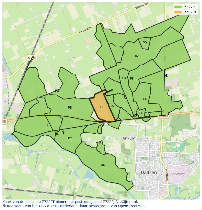Afbeelding van het postcodegebied 7722 PT op de kaart.
