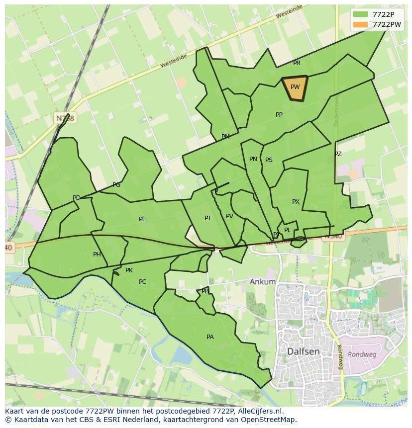 Afbeelding van het postcodegebied 7722 PW op de kaart.