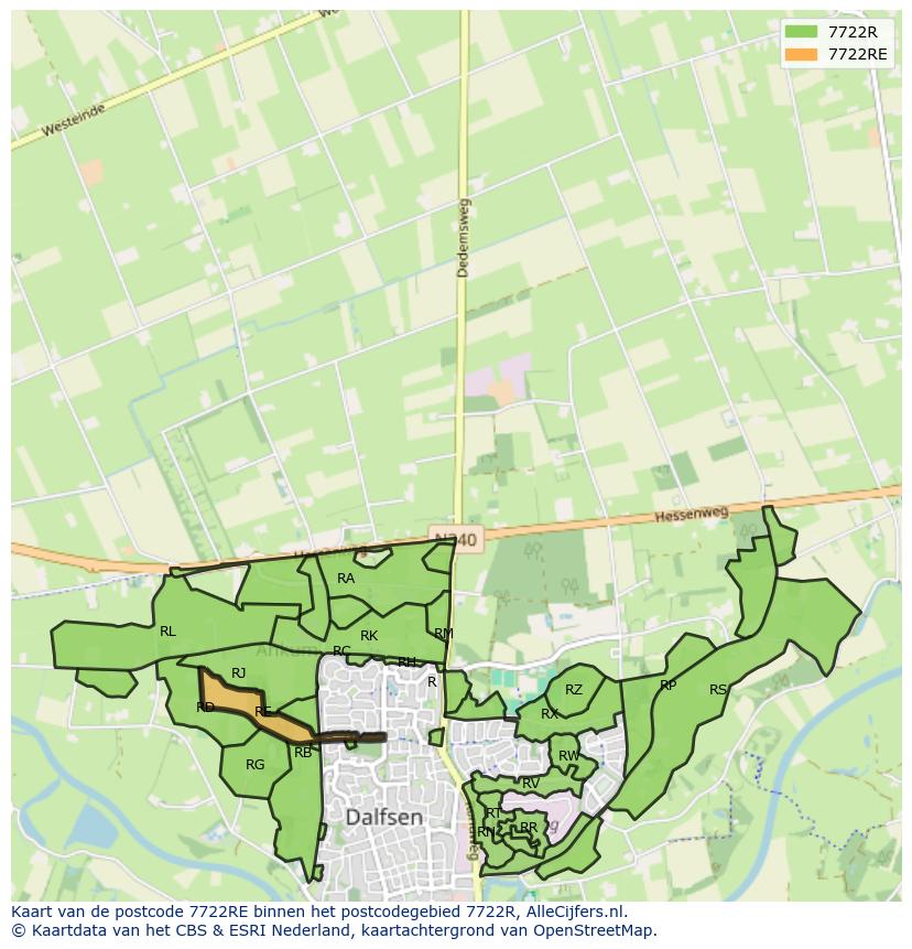 Afbeelding van het postcodegebied 7722 RE op de kaart.