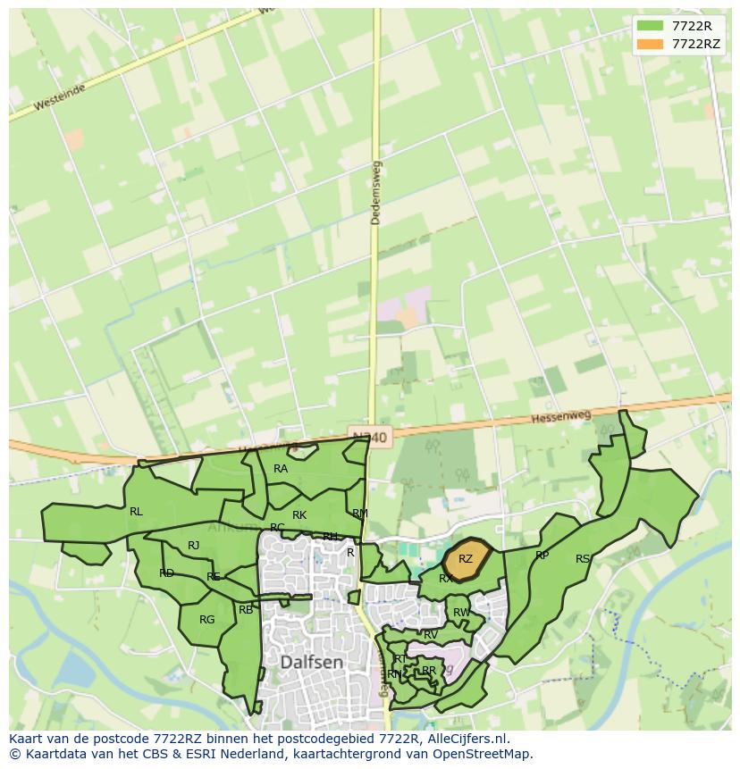 Afbeelding van het postcodegebied 7722 RZ op de kaart.