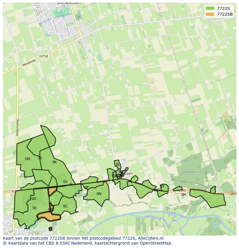 Afbeelding van het postcodegebied 7722 SB op de kaart.