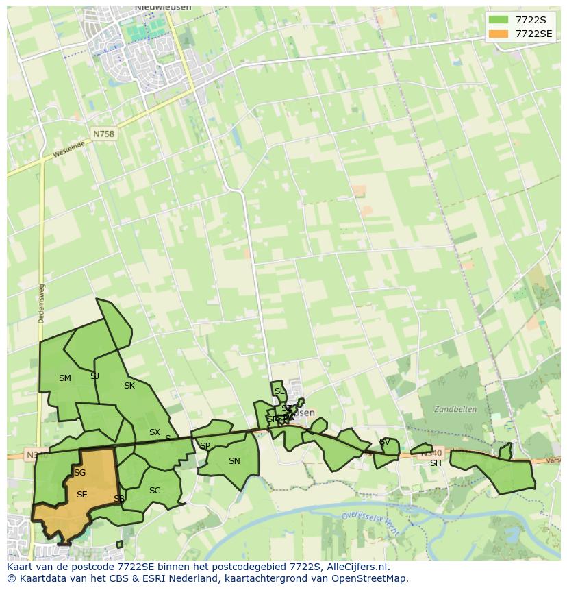 Afbeelding van het postcodegebied 7722 SE op de kaart.