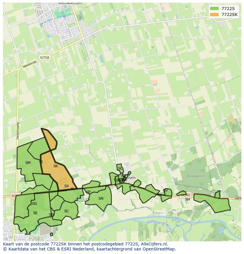 Afbeelding van het postcodegebied 7722 SK op de kaart.