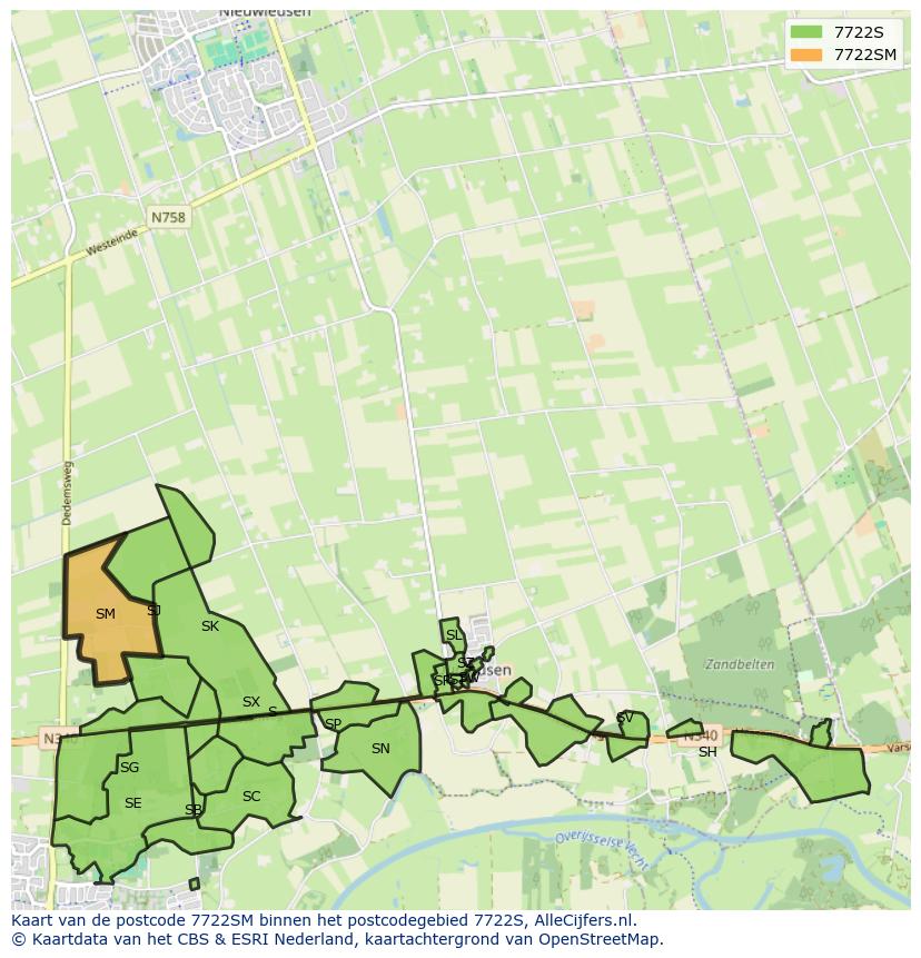 Afbeelding van het postcodegebied 7722 SM op de kaart.