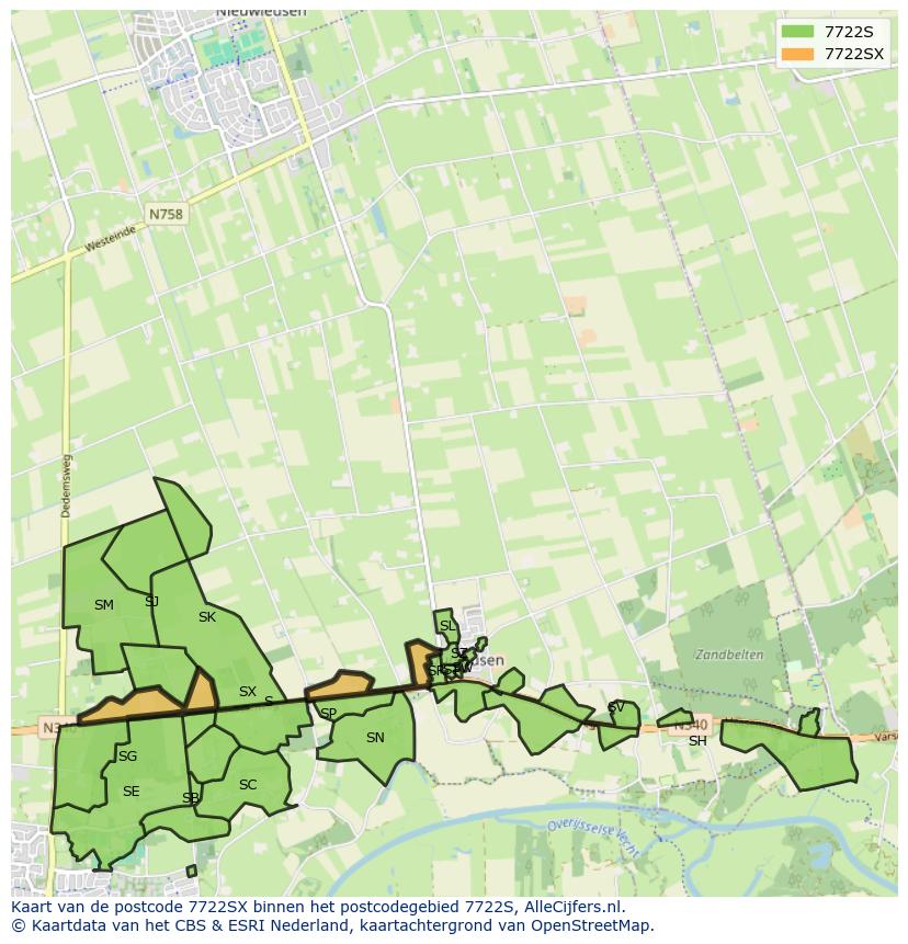 Afbeelding van het postcodegebied 7722 SX op de kaart.