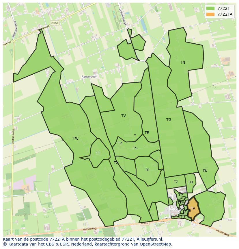 Afbeelding van het postcodegebied 7722 TA op de kaart.