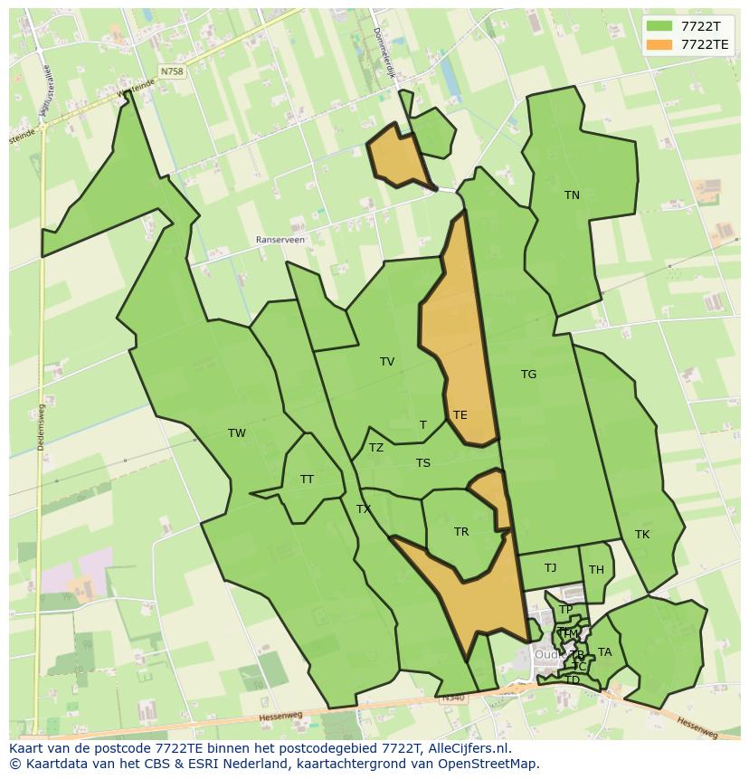Afbeelding van het postcodegebied 7722 TE op de kaart.
