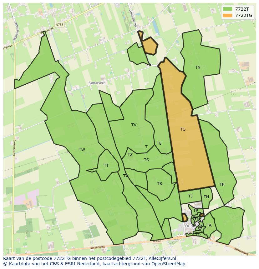 Afbeelding van het postcodegebied 7722 TG op de kaart.