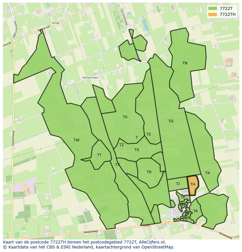 Afbeelding van het postcodegebied 7722 TH op de kaart.