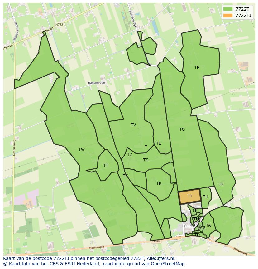 Afbeelding van het postcodegebied 7722 TJ op de kaart.