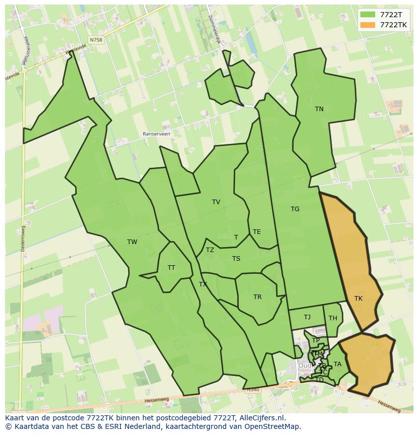 Afbeelding van het postcodegebied 7722 TK op de kaart.