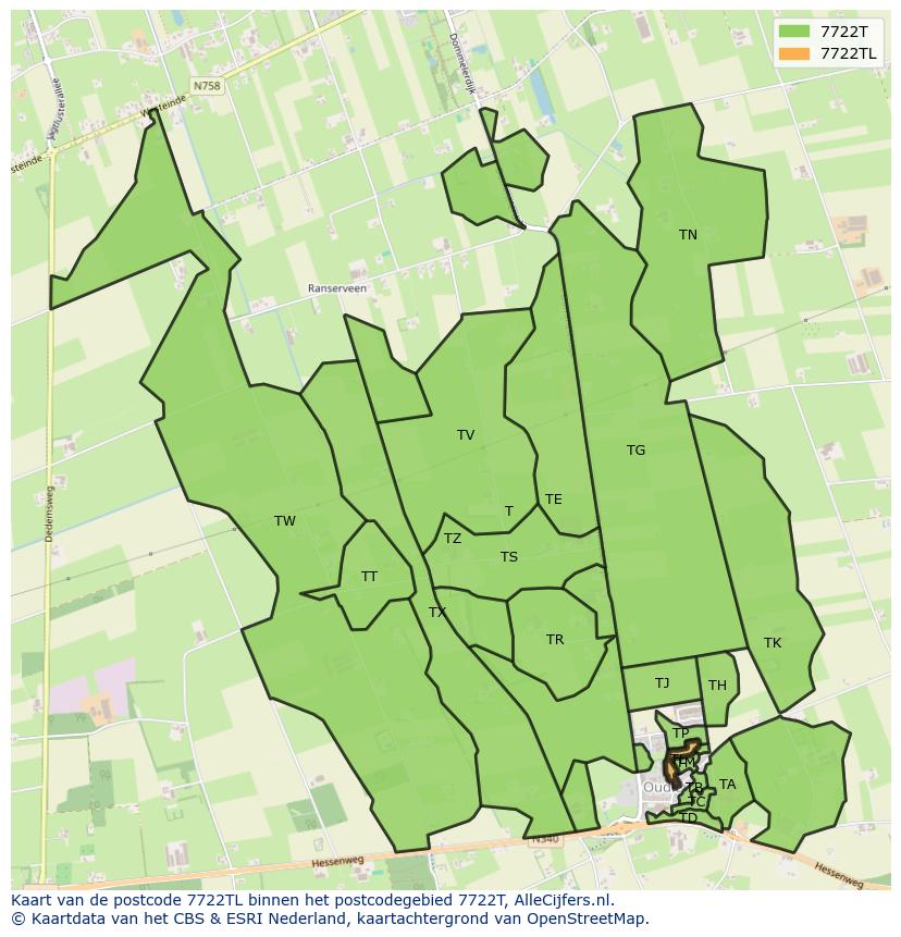 Afbeelding van het postcodegebied 7722 TL op de kaart.