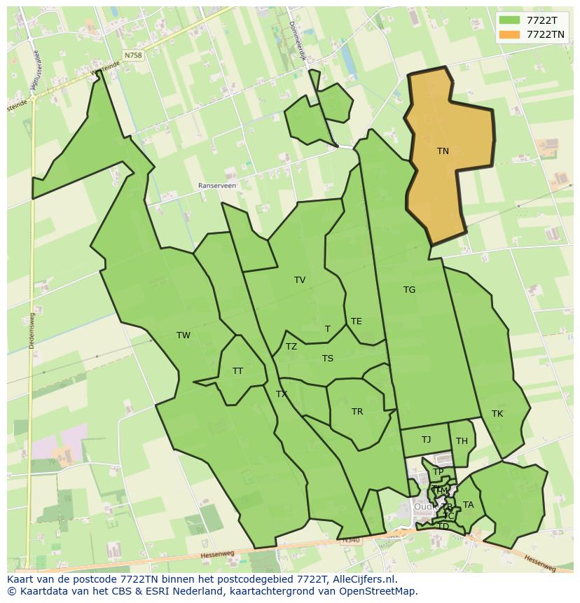 Afbeelding van het postcodegebied 7722 TN op de kaart.