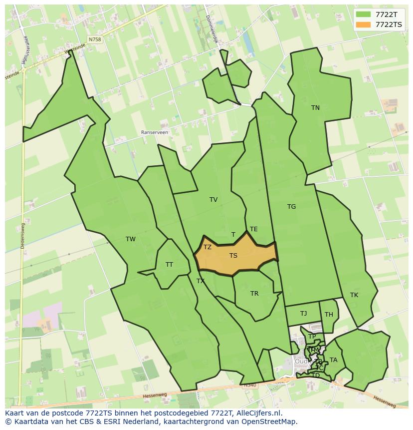 Afbeelding van het postcodegebied 7722 TS op de kaart.