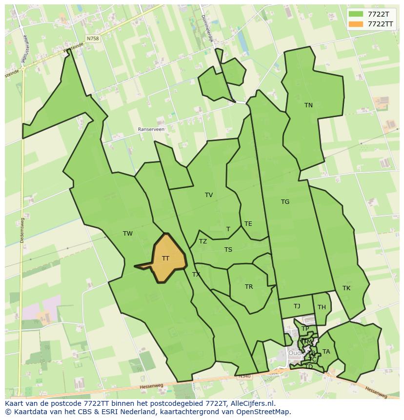 Afbeelding van het postcodegebied 7722 TT op de kaart.